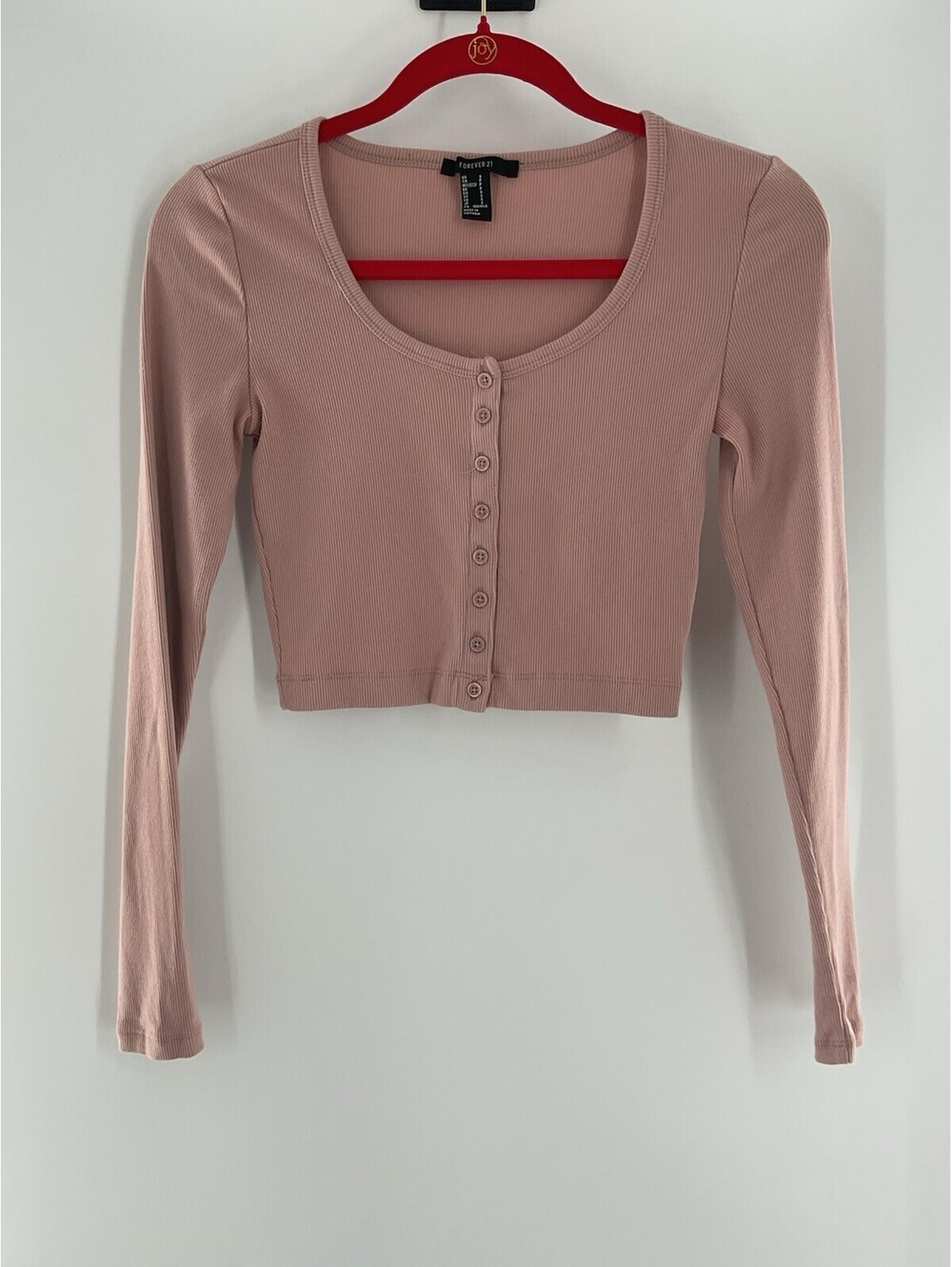 Forever 21 Dusty Rose Ribbed Knit Long Sleeve Cropped Button Front Top S 105